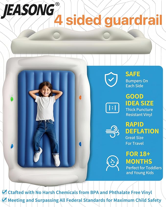 JEASONG Portable Inflatable Toddler Kid Bed with 4 Safety Sides - Air Mattress Electric Pump for Camping, Sleepovers and Home and Travel Use, Compact Crib Sleep Solution, Suitable for Ages 3+