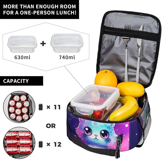 Galaxy Cute Cat Printed Insulated Lunch Box Portable Purple Lunch Bag with Detachable Handle,Reusable Lunchbox for Girls Boys Adults