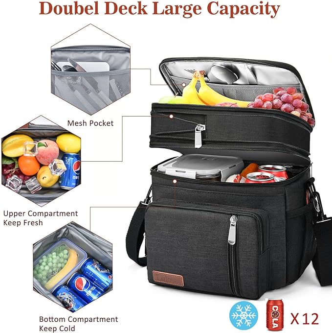 LOKASS Lunch Box for Women, 16L, Double Deck Expandable Insulated Lunch box For Adults/Women Thermal Large Waterproof Leakproof Cooler Bag with Shoulder Strap - Black