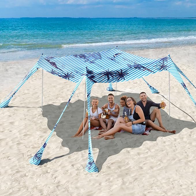 Rhino Valley Beach Tent Sun Shelter, 10x10FT Beach Canopy Tent Sun Shade UPF50+ Protection with 8 Sandbags 4 Stability Poles, Outdoor Beach Shade Canopy 6-8 People for Beach Camping Fishing