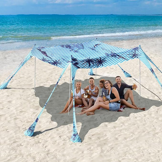 Rhino Valley Beach Tent Sun Shelter, 10x10FT Beach Canopy Tent Sun Shade UPF50+ Protection with 8 Sandbags 4 Stability Poles, Outdoor Beach Shade Canopy 6-8 People for Beach Camping Fishing