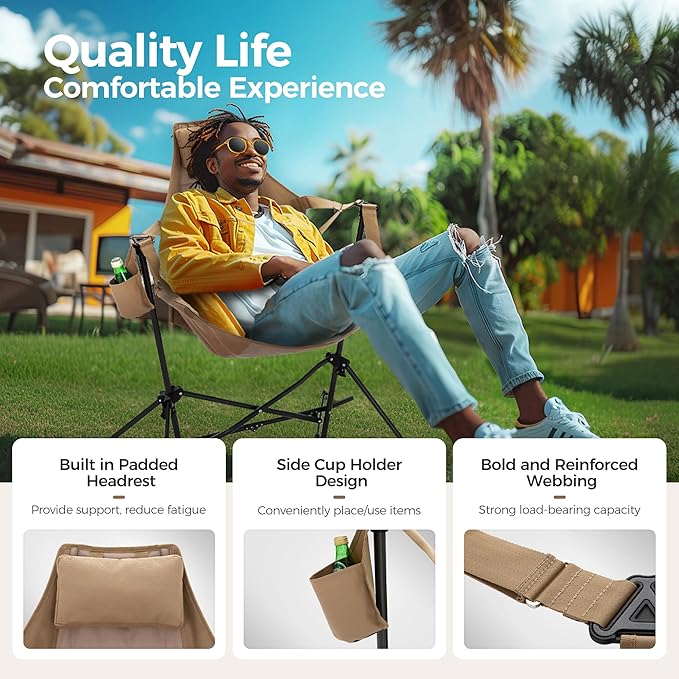 ALPHA CAMP Hammock Folding Rocking Chair with Cup Drink Holder, High Back Padded Swinging Chair for Outdoor,Camping, Lawn,Backyard,Picnic, Steel, Heavy Duty Portable Oversized(Khaki)