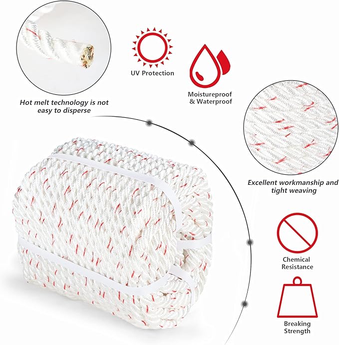 High Strength Braid Rope Pulling Rope Polyester Rope Multipurpose Bull Rigging 3/4 Inch x 100 Feet White Red