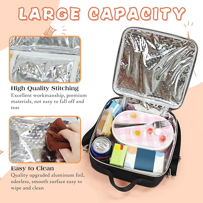 Insulated Lunch Bag Women Lunch Box Kids for Teen Girls Boys, Cute Preppy Lunch Boxes With Adjustable Shoulder Strap, Waterproof Nylon Lunchbox Lunch Bags for School Work Picnic (Black)