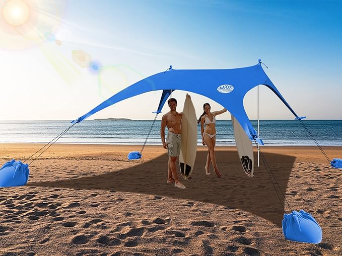 UMARDOO Family Beach Tent Canopy Sun Shade Portable 10×10FT,Wind Resistance Beach Sun Shelter Easy Setup with Packable Carry Bag for Outdoor Travel UPF 50+(Blue)