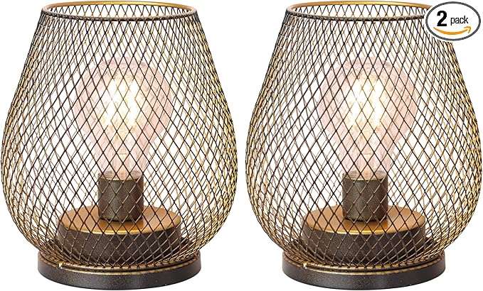 DECORKEY Set of 2 Battery Operated Lamp LED Table Lantern, Golden Metal Cage Cordless Lamps with LED Bulb，Vintage Decorative Outdoor Lantern for Weddings, Parties, Patio, Events for Indoor Shelf Decor