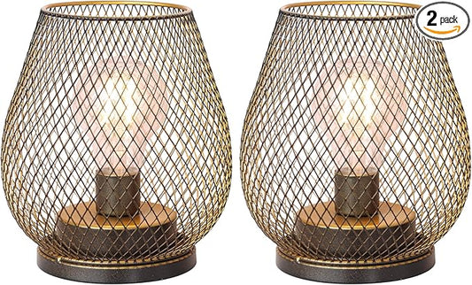 DECORKEY Set of 2 Battery Operated Lamp LED Table Lantern, Golden Metal Cage Cordless Lamps with LED Bulb，Vintage Decorative Outdoor Lantern for Weddings, Parties, Patio, Events for Indoor Shelf Decor