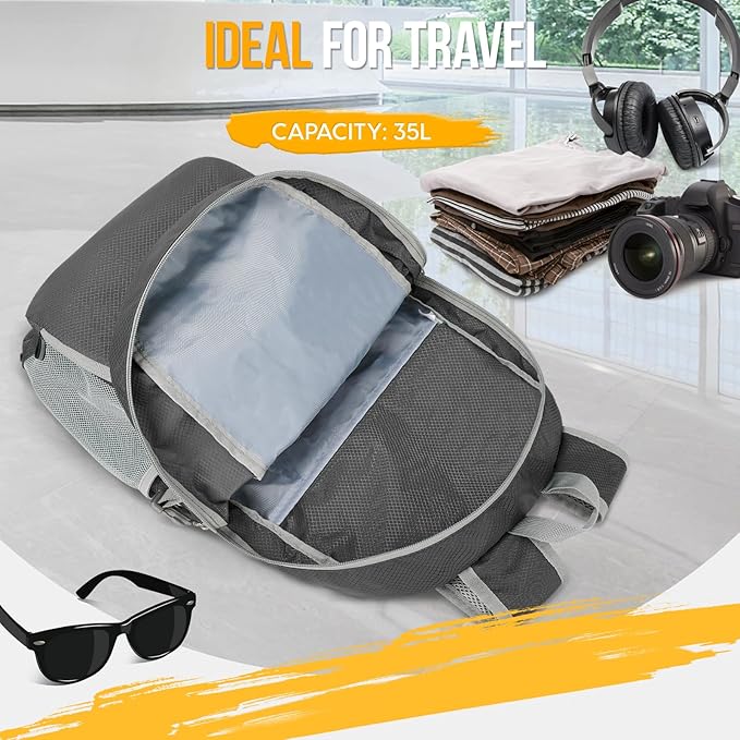 ZOMAKE Lightweight Packable Backpack 35L, Light Foldable Backpacks Water Resistant Collapsible Hiking Bag, Compact Folding Day Pack for Travel Camping(Dimgray)