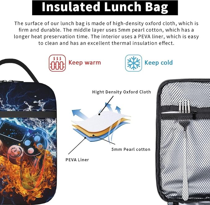 Video Game Lunch Box Fire and Water Game Lunch Bag Insulated Portable Reusable Lunch Tote Kit Waterproof Cooler Bag for Men Women Picnic Office Collega Travel Working