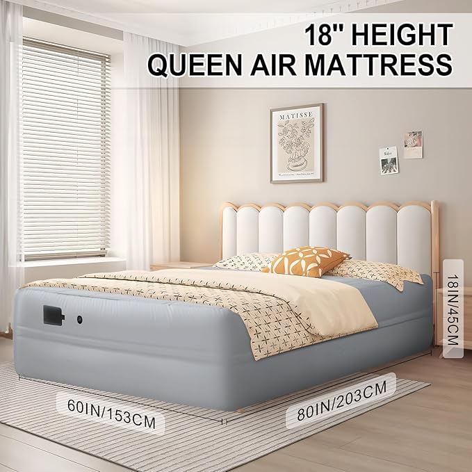 Air Mattress Queen with Built-in Rechargeable Battery Pump, Portable Camping Air Bed, Cooling Pongee Fabric Mattress for Summer Use, Foldable Inflatable Bed (18" Gray)