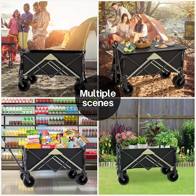 Wagons Carts Foldable,Wagon with Table Top,Beach Wagon with Big Wheels for Sand,Camping Sports Garden Beach Grocery(Black)