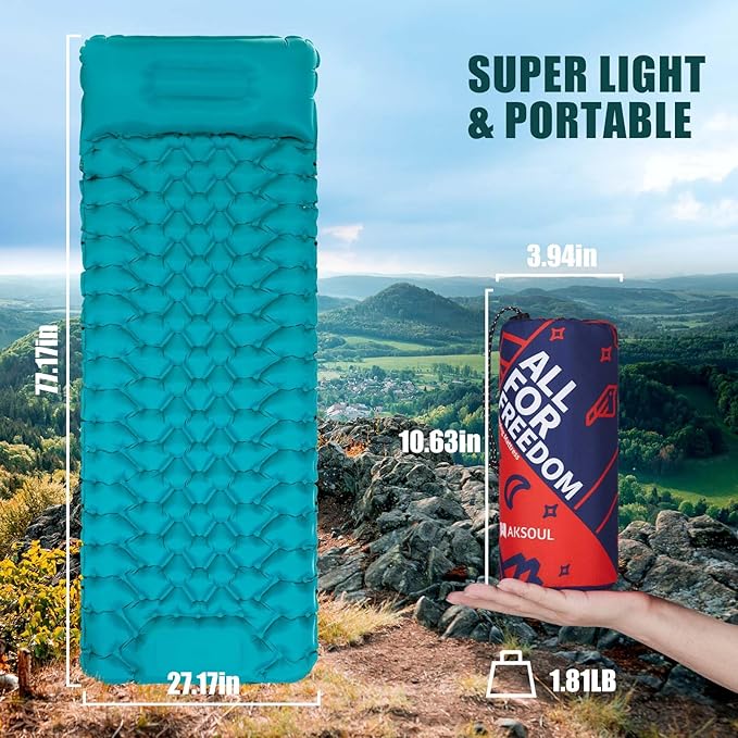 AKSOUL Camping Sleeping Pad with Pillow: Extra Thick 3.9 inch Ultralight Self Inflating Air Mat, Compact Lightweight Insulated Inflatable Sleep Mattress for Backpacking, Camp, Hiking, Tent