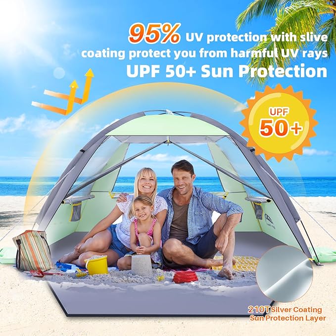 Happy Travel Beach Tent, UPF 50+ UV Protection Sun Shade Shelter for 3/4/5/6/7/8 Person, Portable Beach Canopy for Family & Baby, Lightweight & Easy Setup Beach Cabana with 3 Ventilation Mesh Windows