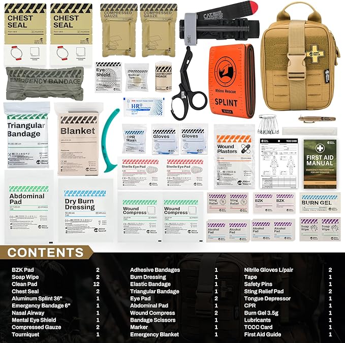 RHINO RESCUE IFAK Trauma Kit with Tourniquet, Tactical First Aid Kit Molle Pouch for Military, Combat, Car, Camping, Hiking, Travel， FSA HSA Eligible (Coyote Brown)