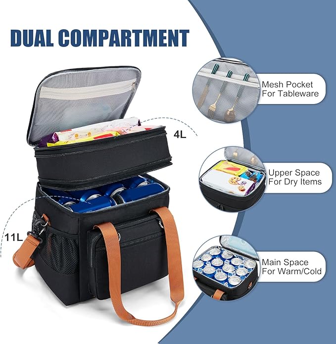 Insulated Lunch Box for Men/Women: Reusable Lunch Bag for Work Office Daytrip Picnic Beach - Leakproof Cooler Tote Bag Organizer for Adults - Black Brown