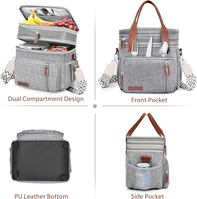 LOKASS Lunch Box for Women/Men-16L-Insulated Lunch Bag, Expandable Double-layer Leakproof Cooler Bag with Upgrade Adjustable Shoulder Strap Ideal for Work/Travel/Picnics（Gray）