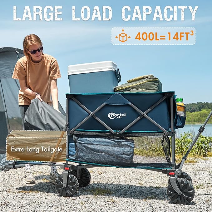 PORTAL Collapsible Double Decker Folding Wagon, Beach Cart with Tailgate, Big Wheels, 450LB Heavy Duty 14 FT Foldable Wagon for Camping, Sports, Garden, Shopping
