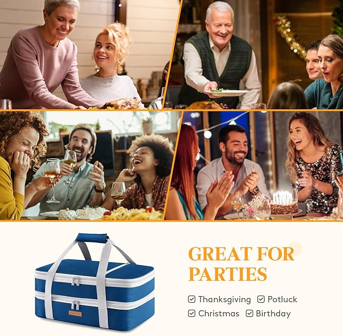 Double Decker Insulated Casserole Carrier for Hot or Cold Food, Lasagna Lugger Tote for Potluck Parties/Picnic/Cookouts, Fits 9"×13" Baking Dish, Pure Blue