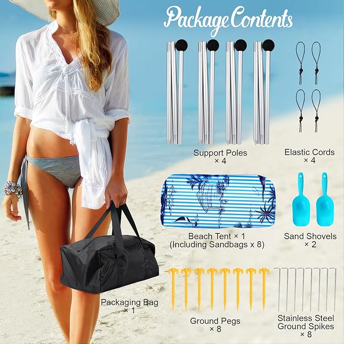 Rhino Valley Beach Tent Sun Shelter, 10x10FT Beach Canopy Tent Sun Shade UPF50+ Protection with 8 Sandbags 4 Stability Poles, Outdoor Beach Shade Canopy 6-8 People for Beach Camping Fishing