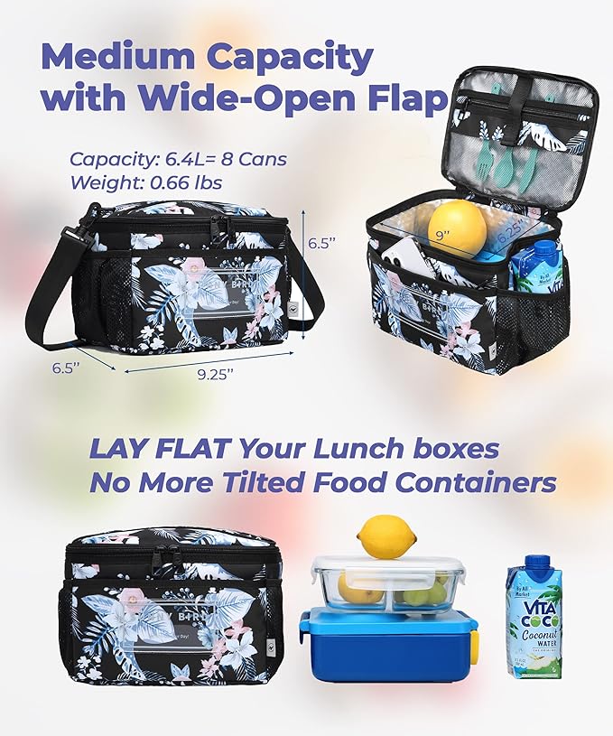 SUNNY BIRD Insulated Lunch Bag with Foldable and Leakproof Design, Thermally Insulated, Shoulder Strap for Women, Men and Teen (Hibiscus)