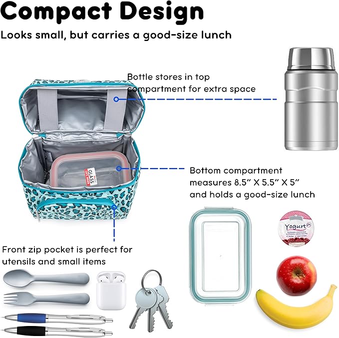 J World Corey Kids Lunch Bag. Insulated Lunch-Box for Girls, Women, Mint Leopard