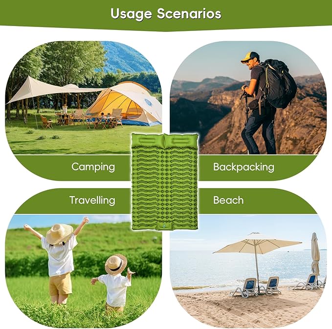 Double Sleeping Pad for Camping, Self Inflating 4" Extra-Thick Camping Mattress Pad 2 Person with Pillow, Built-in Foot Pump, Ultralight Camping Bed Mat for Backpacking Hiking Traveling Tent