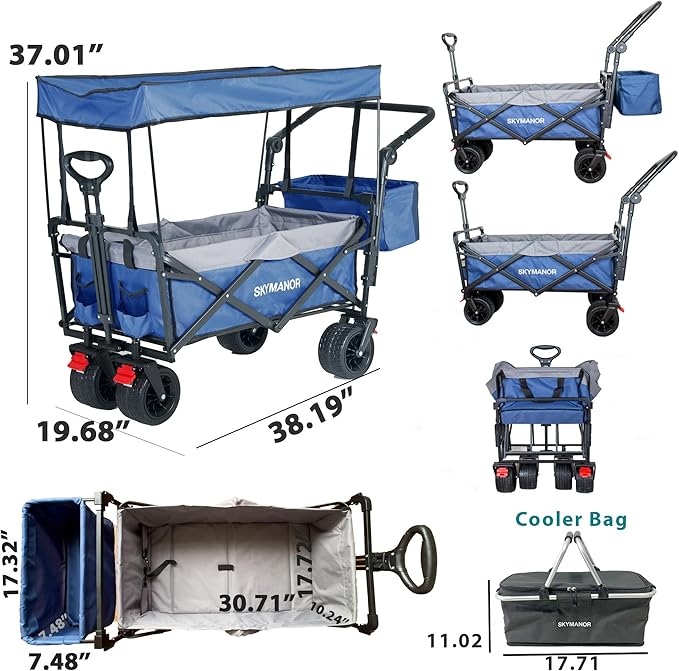 Collapsible Wagon Folding Garden Cart with Removable Canopy Utility Heavy Duty Wagon Cart with All-Terrain Wheel Storage 4 Brake for Camping Shopping (Upgraded Canopy-Gray-Blue Splicing)