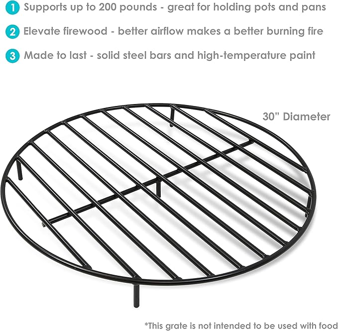 Sunnydaze 30-Inch Round Heavy-Duty Steel Fire Pit Grate - for Outdoor Firepits - Black