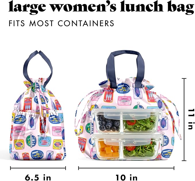 Fit & Fresh Lunch Bag For Women, Insulated Womens Lunch Bag For Work, Stain-Resistant Large Lunch Box For Women With Containers, Cinch Closure Cromwell Bag, Assorted Sardine Cans