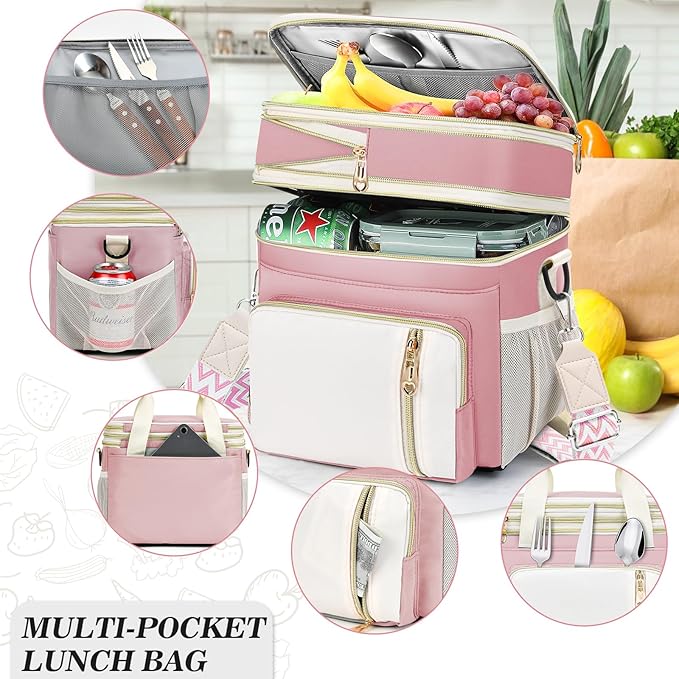 LOKASS Lunch Box for Women-16L-Insulated Lunch Bag Women, Expandable Double-layer Leakproof Cooler Bag with Upgrade Adjustable Shoulder Strap Ideal for Work/Travel/Picnics（Pink&White）