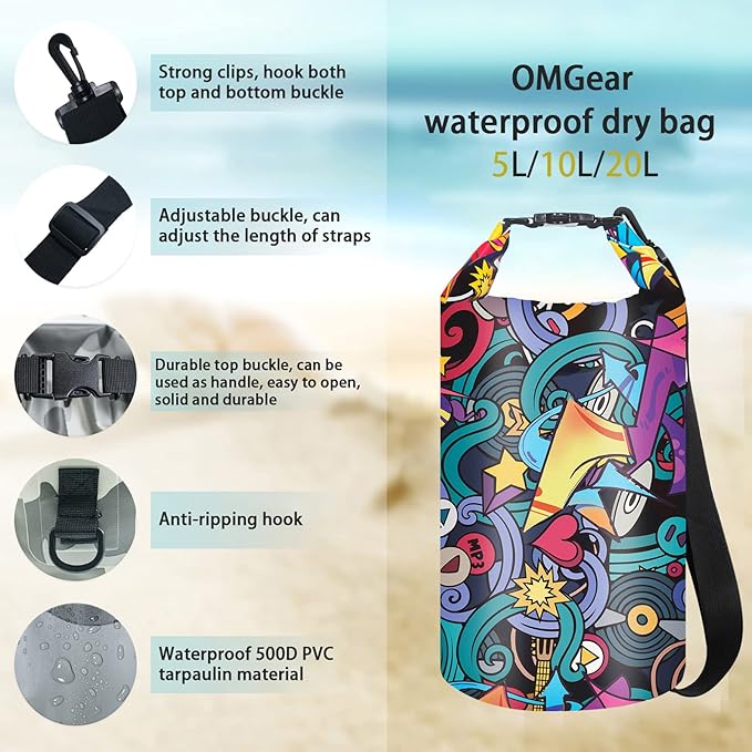 OMGear Waterproof Dry Bag Backpack Phone Pouch 40L/30L/20L/10L/5L Floating Dry Sack for Kayaking Boating Outdoors Activities