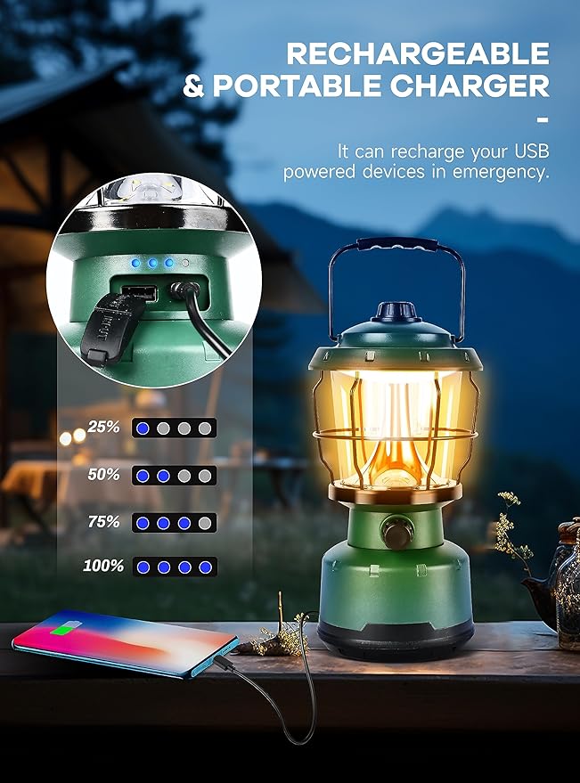 LED Camping Lantern, 2500LM Dimmable Vintage Rechargeable Lantern, Water Resistant Portable Emergency Lights for Camping, Home Power Outage, Hurricane, Hiking