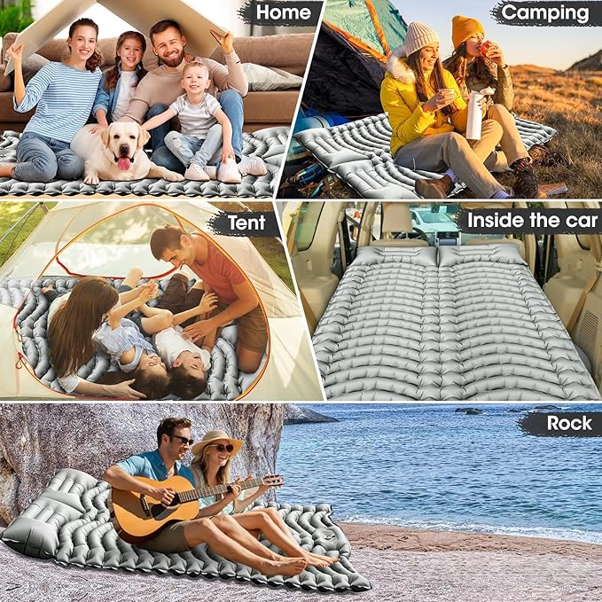 Double Sleeping Pad Self-Inflating 4" Thick for 2 Person Camping - Built-in Foot Pump, Ergonomic Pillow & Ultra-Portable Design for Backpacking, Hiking, Tent Use