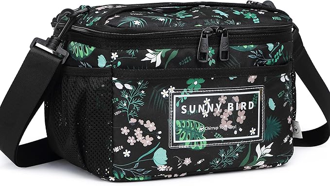 SUNNY BIRD Insulated Lunch Bag with Foldable and Leakproof Design, Thermally Insulated, Shoulder Strap for Women, Men and Teen (Floral & Foliage)