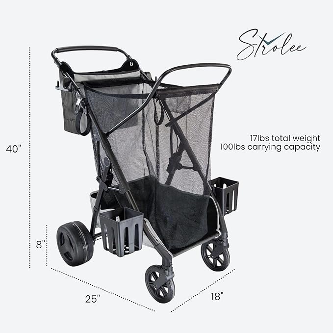 Large Wheeled Collapsible Beach Cart for Soft Sand, Shopping, Camping & Garden- Lightweight Aluminum Frame- Removable Storage Bag with Carrying Straps, X-L Capacity & Cooler Rack Dark Grey