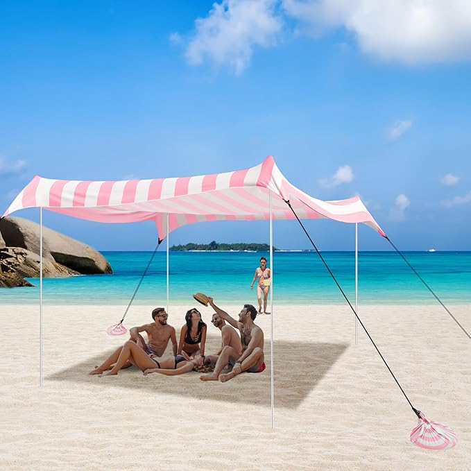 Beach Tent Canopy, UPF 50+ UV Protection Beach Sun Shade, Portable 10×10 FT Large Pop-Up Tent Sun Shelter with Sand Anchors, Ground Pegs, Easy Setup for Camping, Park, and Backyard Fun-Pink Stripe