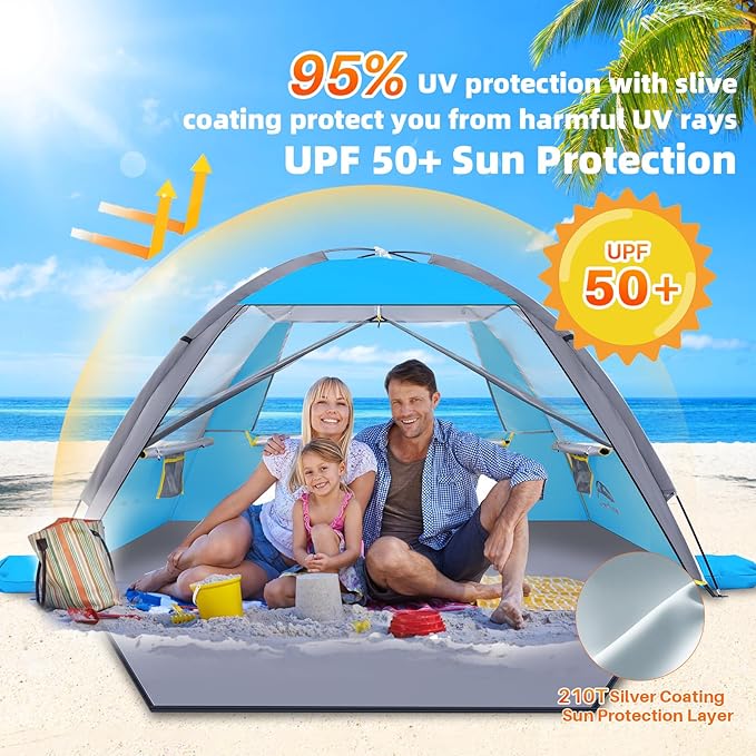 Happy Travel Beach Tent, UPF 50+ UV Protection Sun Shade Shelter for 3/4/5/6/7/8 Person, Portable Beach Canopy for Family & Baby, Lightweight & Easy Setup Beach Cabana with 3 Ventilation Mesh Windows
