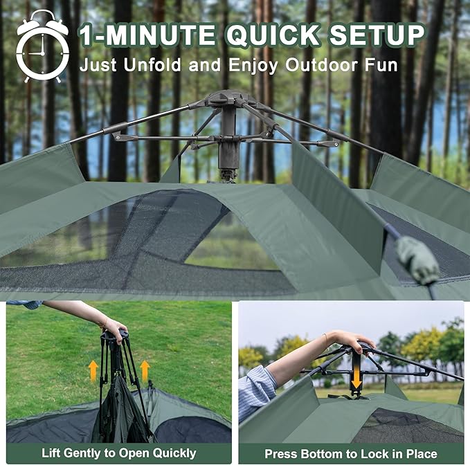 3-4 Person Tents for Camping, Instant Pop-Up Family Tent with Vestibule & Mesh Windows, Portable Lightweight Cabin Tent with Rainfly, Windproof & Waterproof, Easy Setup for Outdoor Hiking Travel