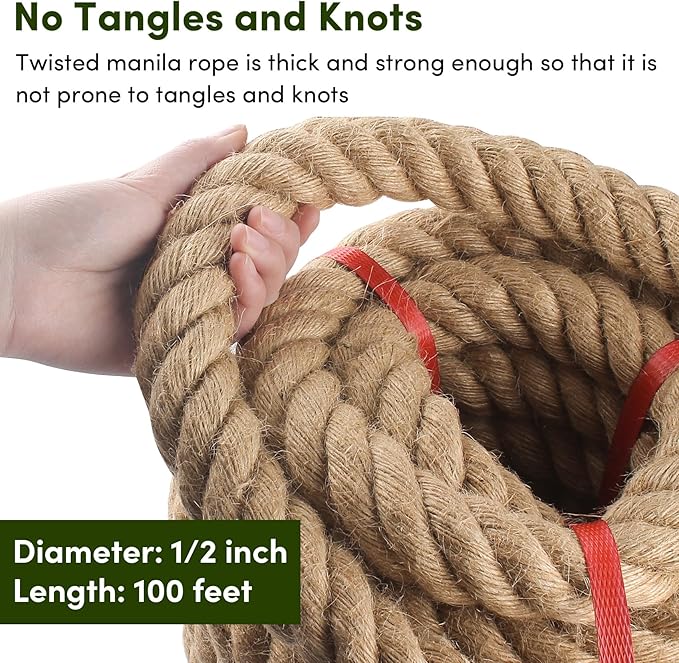 Manila Rope 1/2in x 100ft,Natural Hemp Rope Thick Large Decorative Hemp Nautical Ropes,Twisted Manila Ropes Great for Gardening,Railings,Hammock Nautical