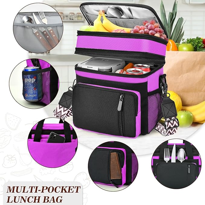 LOKASS Lunch Box for Women/Men-16L-Insulated Lunch Bag, Expandable Double-layer Leakproof Cooler Bag with Upgrade Adjustable Shoulder Strap Ideal for Work/Travel/Picnics（Hot Pink）