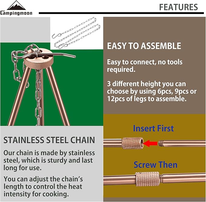 CAMPINGMOON Camping Campfire Tripod with Carrying Bag Portable Lightweight Aluminum 41.3-inch Height Stainless Steel Chain