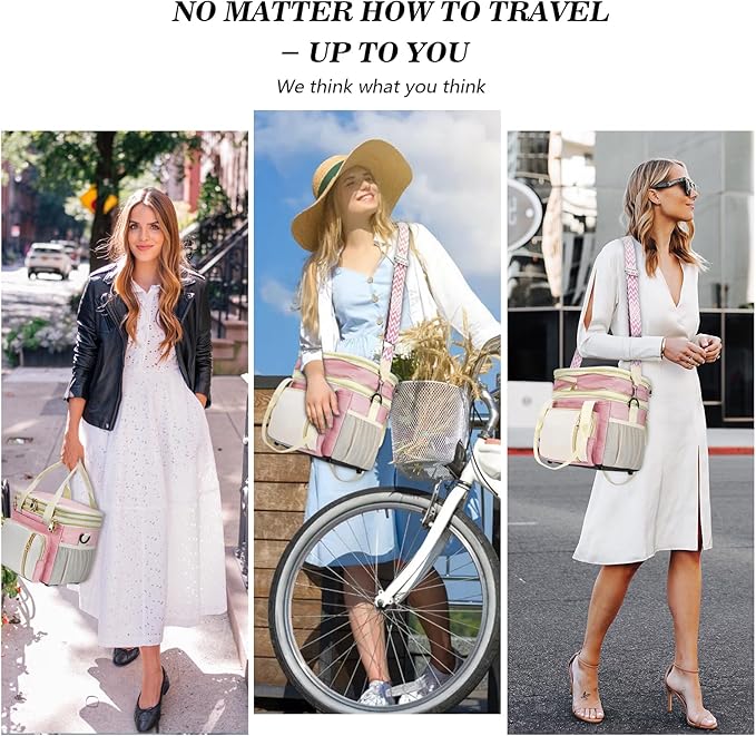 LOKASS Lunch Box for Women-16L-Insulated Lunch Bag Women, Expandable Double-layer Leakproof Cooler Bag with Upgrade Adjustable Shoulder Strap Ideal for Work/Travel/Picnics（Pink&White）