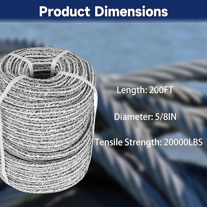 Arborist Tree Rope, 5/8inch by 200FT, 24 Strand Bull Rope up to 16000lbs Tensile Strength, Black and White