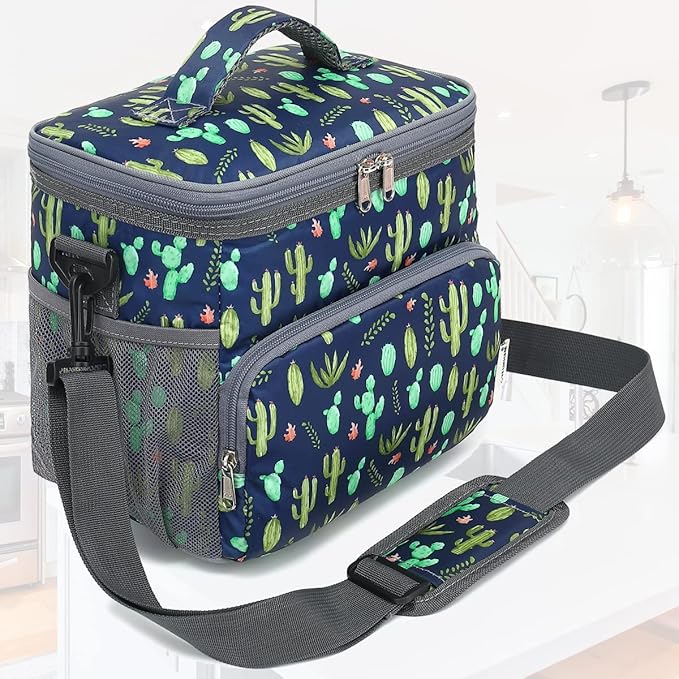 Insulated Reusable Lunch Bag Adult Large Lunch Box for Women and Men with Adjustable Shoulder Strap,Front Zipper Pocket and Dual Large Mesh Side Pockets,Cactus