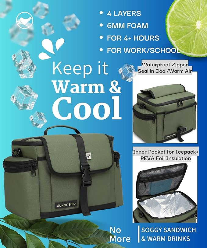 SUNNY BIRD 15L Insulated Lunch Bag with Foldable and Leakproof Design, Thermally Insulated, Shoulder Strap for Women, Men (Khaki Green)
