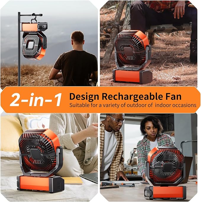 Camping LED Fan with Light, 40000mAh Rechargeable Battery Powered Outdoor Tent Fan with Light and Hook, 8 Speed, Personal USB Desk Fan for Camping, Fishing, Power Outage,Hurricane, Worksite