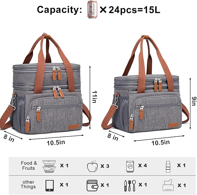 Weitars Lunch Bag for Women Men, Loncheras Para Mujer Dual Compartment Waterproof Reusable Large Lunch Box Wide-Open Cooler Tote Bag For Working Picnic Hiking (15L) (Gray(kahki))
