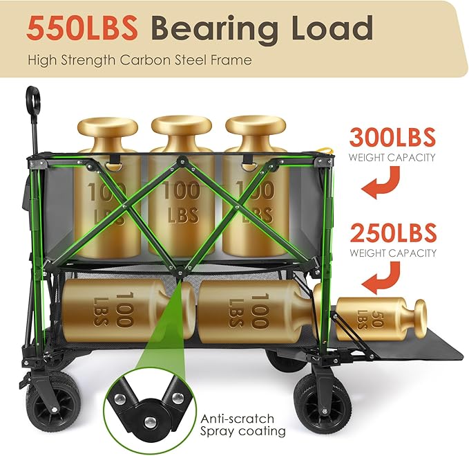 HOPERAN 400L XL Wagons Carts Foldable, 54" Extra Length Double Decker Collapsible Wagon Cart with Tailgate, 8" Big All-Terrain Wheels, 550lbs Load Utility Grocery Cart for Camping,Sports,Beach