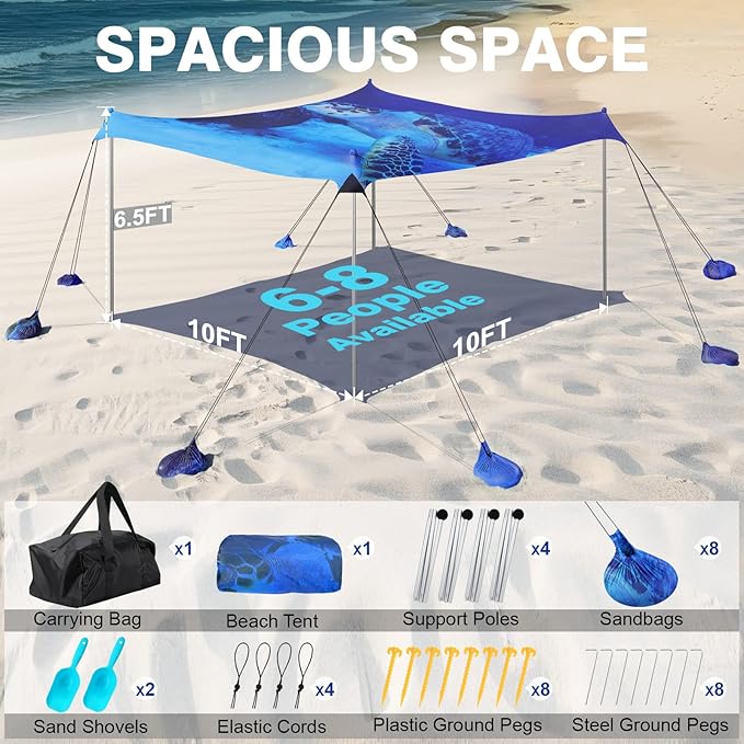 Rhino Valley Beach Tent Sun Shelter, 10x10FT Beach Canopy Tent Sun Shade UPF50+ Protection with 8 Sandbags 4 Stability Poles, Outdoor Beach Shade Canopy 6-8 People for Beach Camping Fishing
