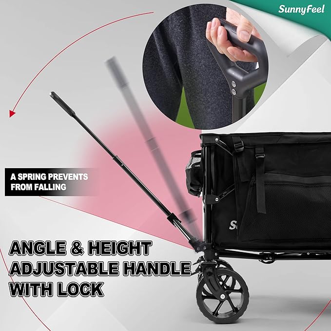 SunnyFeel 49''L 550lbs Heavy Duty Wagon Cart Foldable with Wheels,Extra Long Fold Up Wagons Carts with Side Pocket and Brakes for Camping Sports Garden Shopping (Black)
